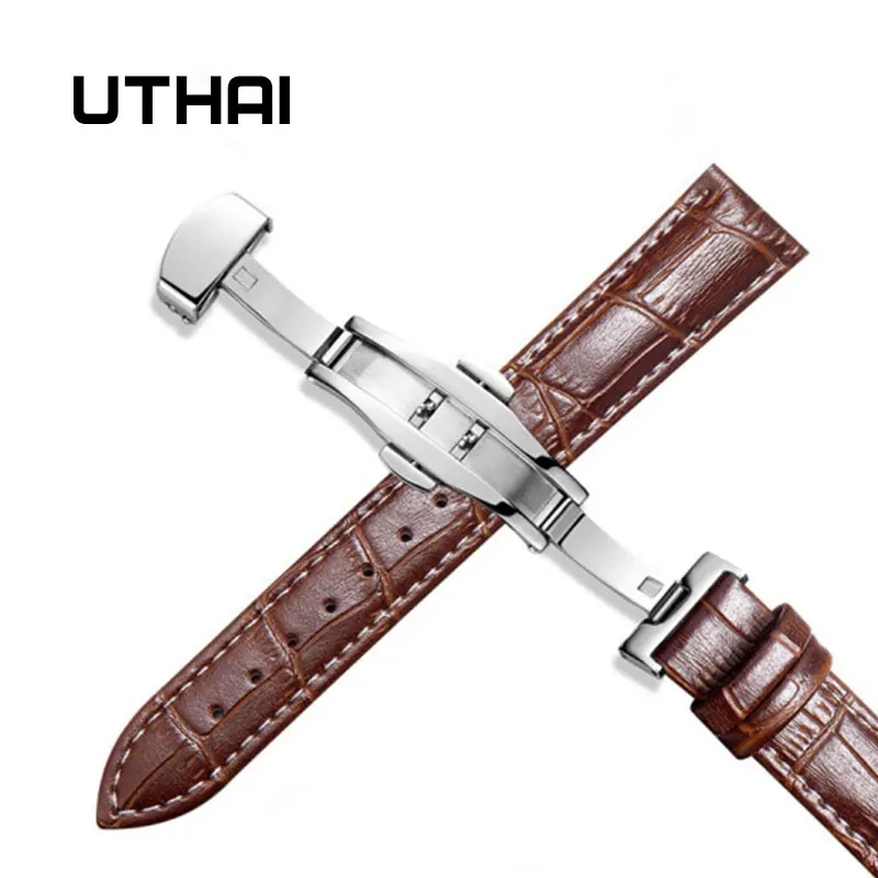 Silver-brown-white UTHAI Z09 плюс Натуральная кожа Ремешки для наручных часов 12-24 мм Универсальные часы Бабочка Пряжка группа сталь Пряжка ремешок наручный ремень браслет - Цвет ремешка: Silver-brown-white