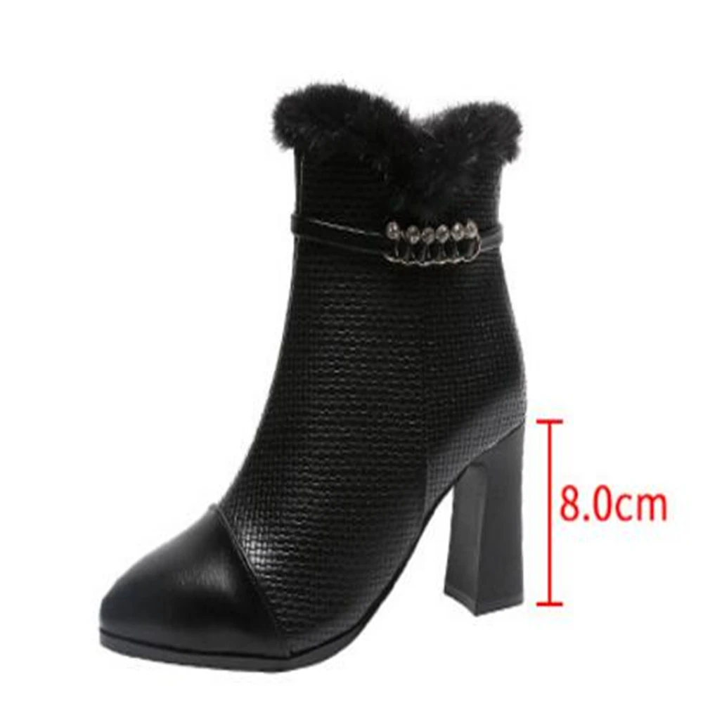 Ankle boots women Genuine Leather shoes solid square heels woman Zipper Fur snow lady Snow Boot Botas Mujer y504 | Обувь