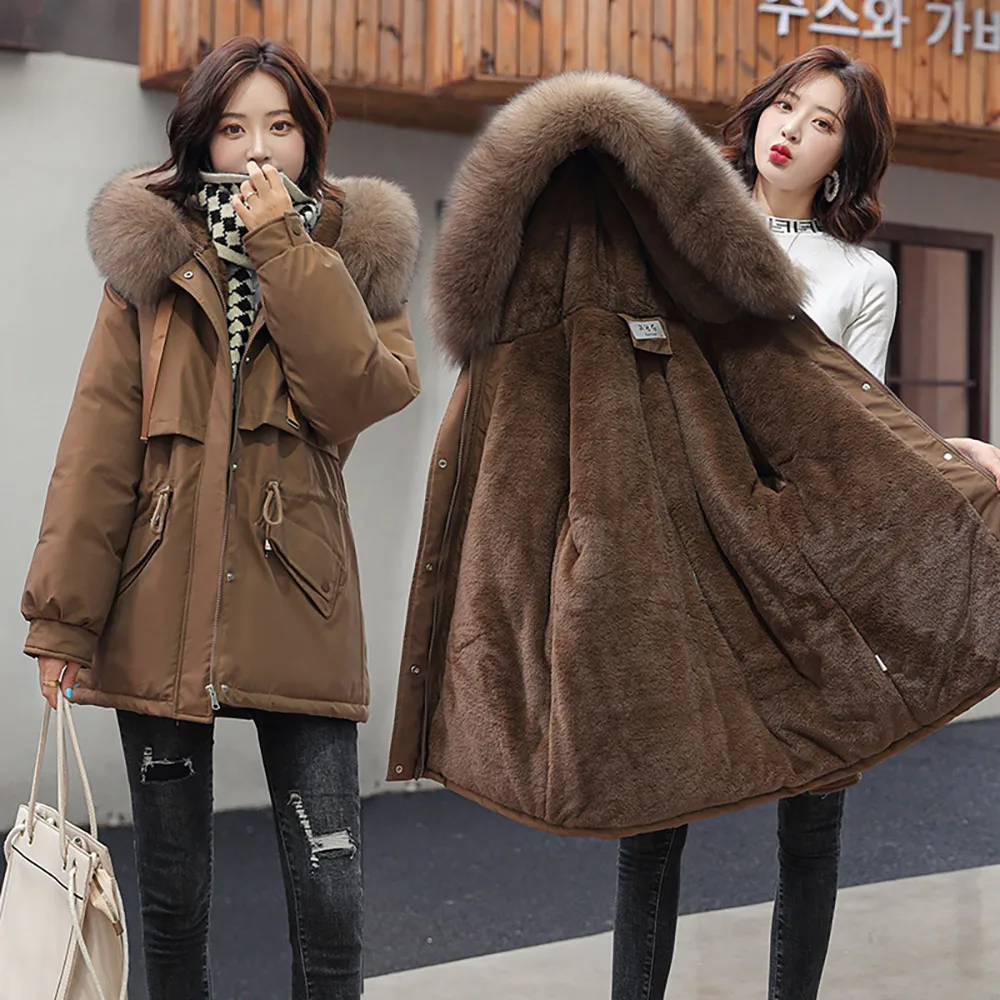 Vielleicht 2021 New Women Jacket Parkas Winter Cotton Paaded Hooded Coat Women Winter Clothing Female Fur Liner Long Jacket Coat