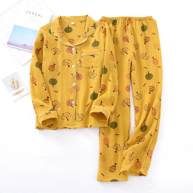 

Knitted Cotton Pajama Crepe Tree Women Thin Sets Lapel Famale Sleepwear Suit Spring Autumn Leisure Cardigan Ladies Nightgown