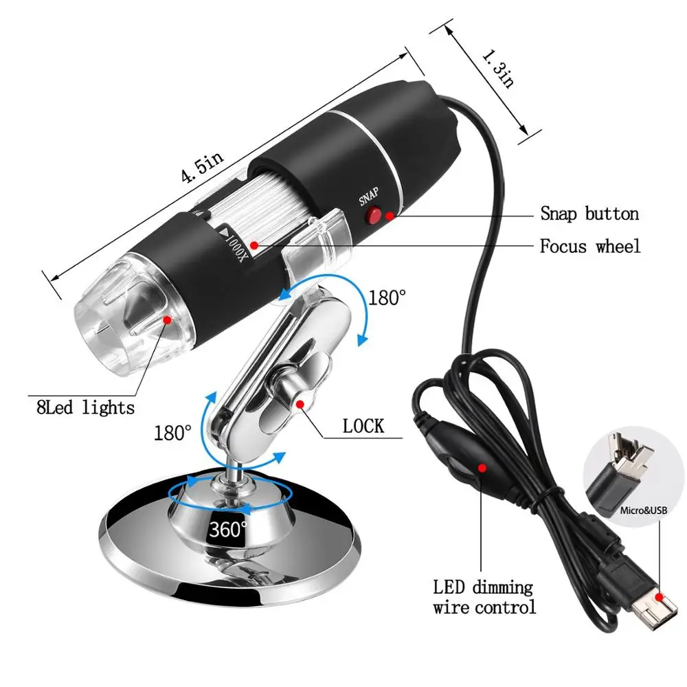 USB микроскоп 1000X1600X8 светодиодный цифровой тип c микроскопио Лупа электронный