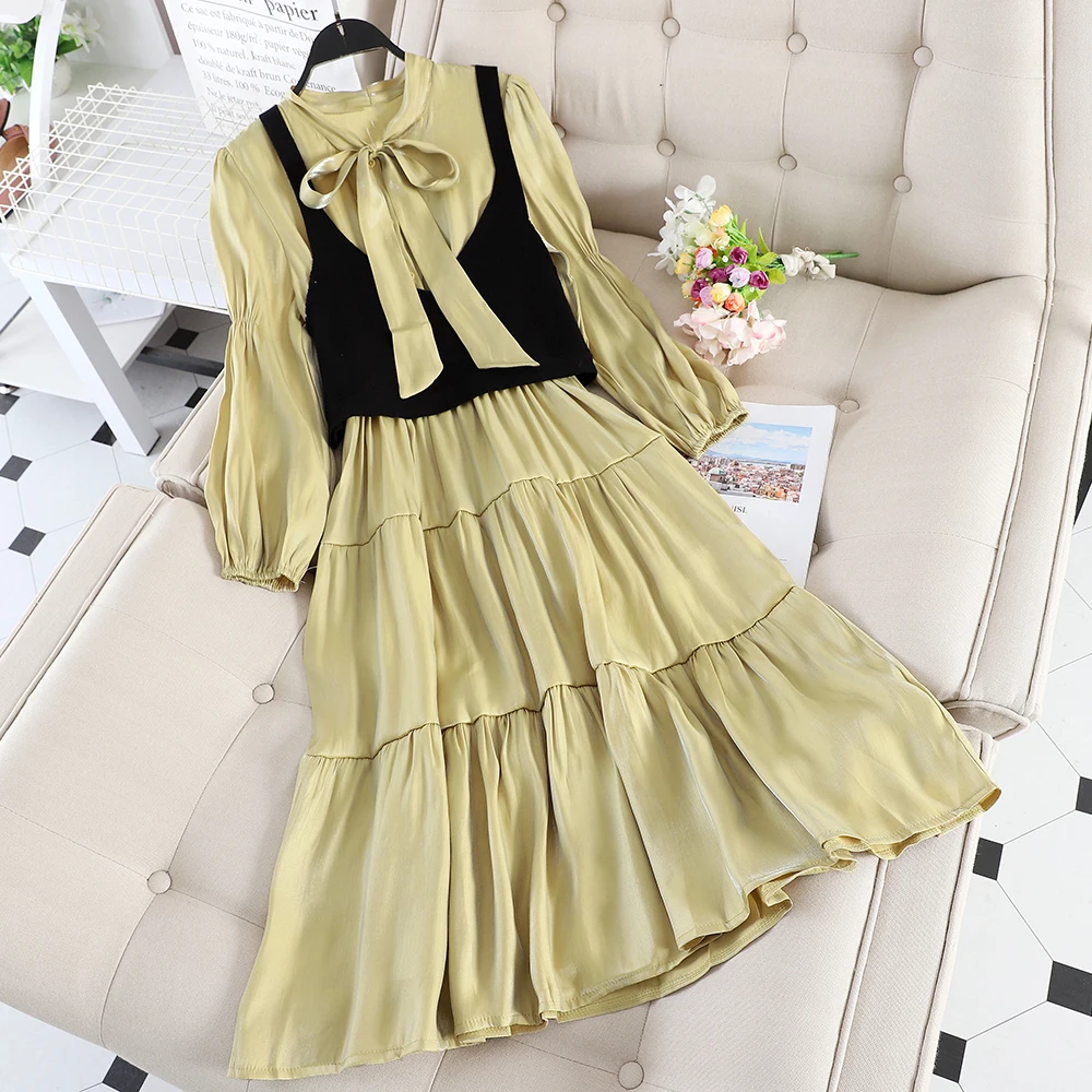 Женское трикотажное платье ALPHALMODA в стиле ретро с бантом и рукавами фонариками