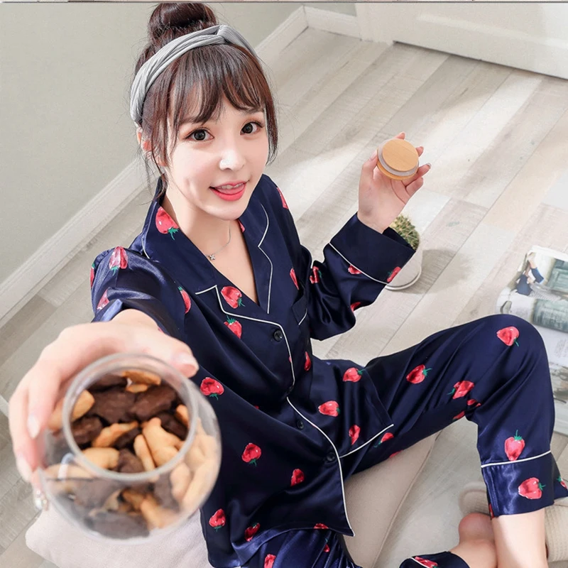 Пижамный комплект для женщин с принтом клубники атласная пижама шелковое белье