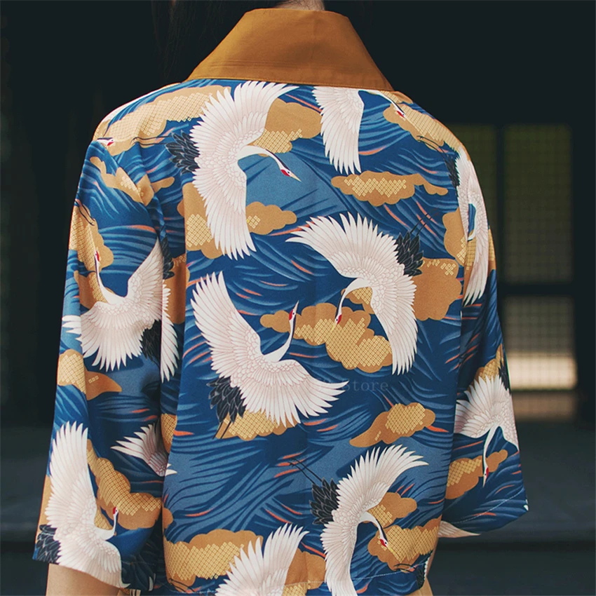 Кимоно женское в японском стиле Харадзюку винтажное юката с принтом Журавля