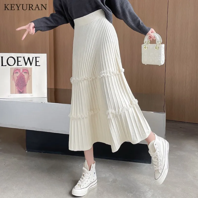 2021 Autumn Winter Women Knitted Skirt Korean Casual Ruffles Solid Gray A Line High Waist Pleated Midi Long Female Ladies | Женская