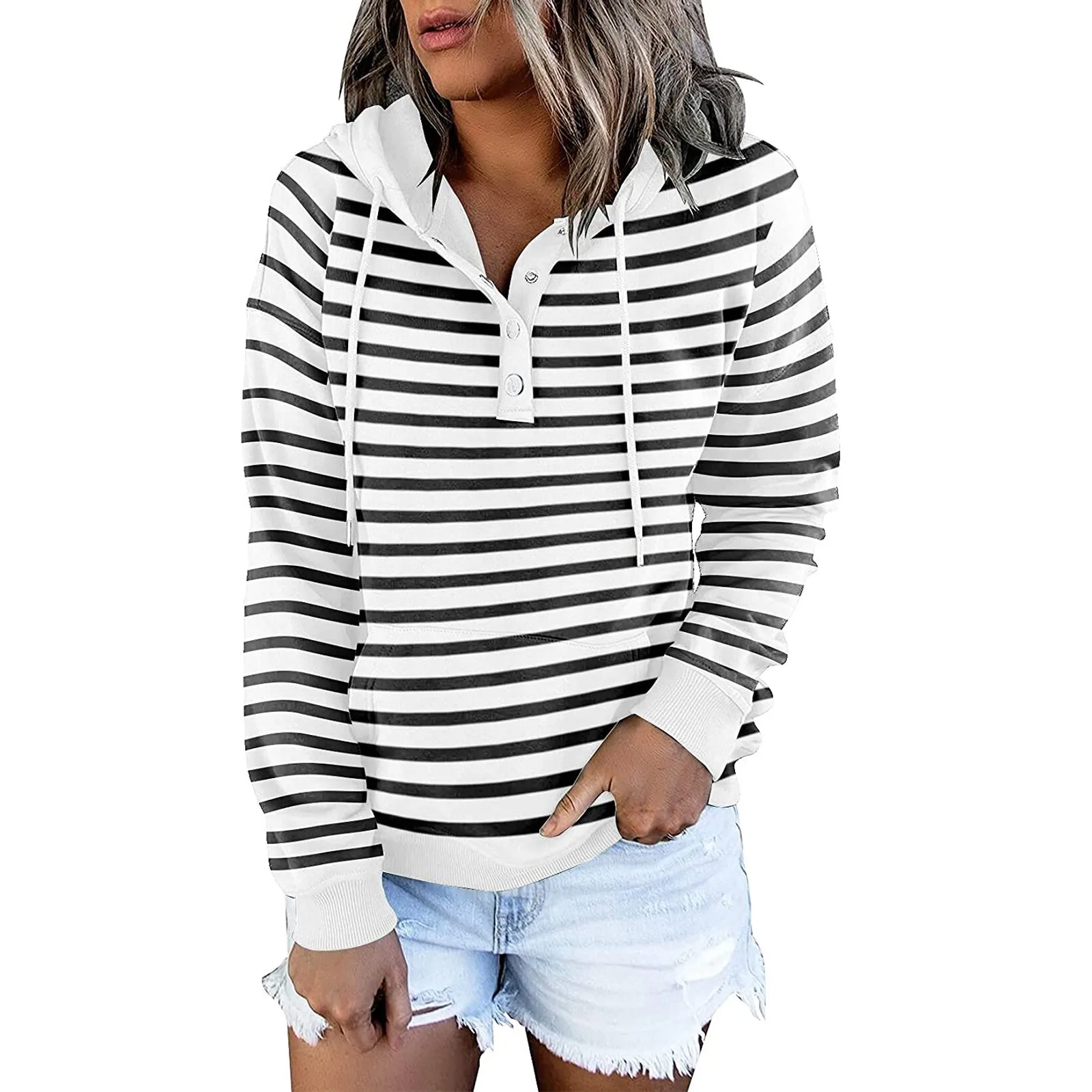 

New Hooded Pullover 2021 Women Long Sleeve Winter Autumn Sweatshirt Fashion Loose Stitching Striped Drawstring Ladies Top Mujer