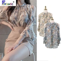 Cute Chic Tops Sweet Girls Holiday Date Wear Women Summer Flhjlwoc Korean Floral Chiffon Ruffled Off Shouler Top Blouse 5008
