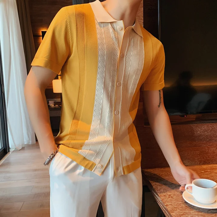 

Summer Men's Short Sleeve Knitted POLO Shirt Contrast Color Hollow Breathable Slim Ice Silk POLO Shirts Lapel Casual Cardigan