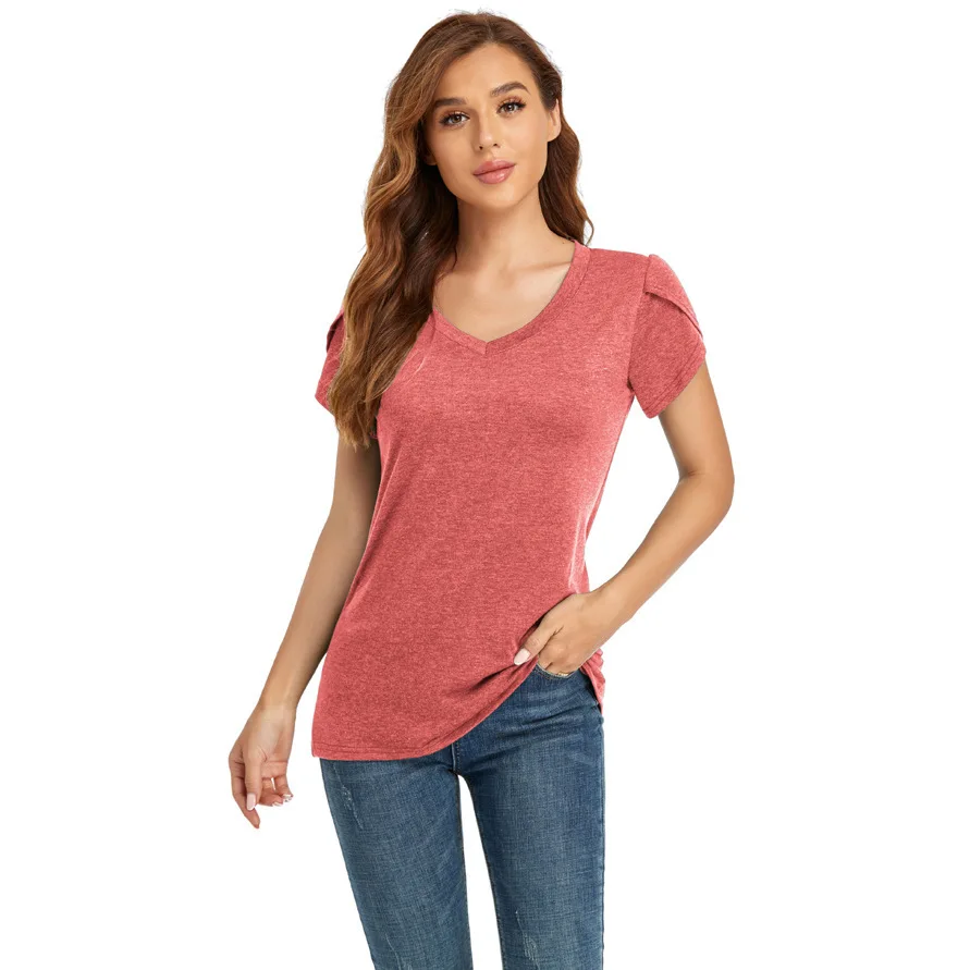 

2021 summer new solid color V-neck short-sleeved T-shirt women's top white