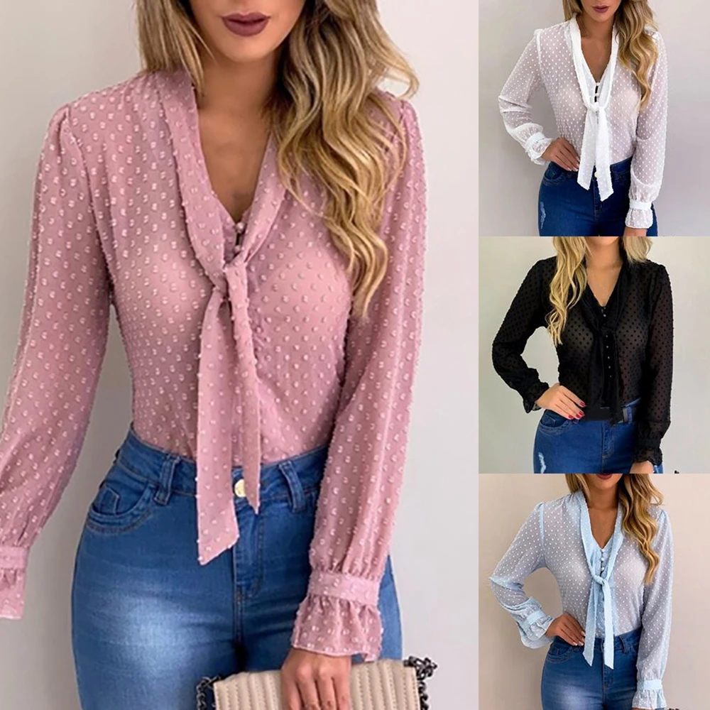 Allukasa summer Chiffon Tops Women Pink Blouses and Shirt New Sweet Office Style Women Long Sleeve blusas mujer de moda 2020