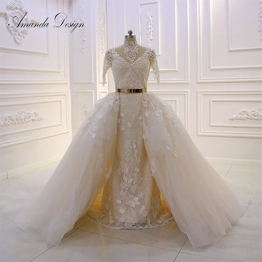 Аманда дизайн robe de mariee с коротким рукавом свадебное платье с открытой спиной со съемной юбкой