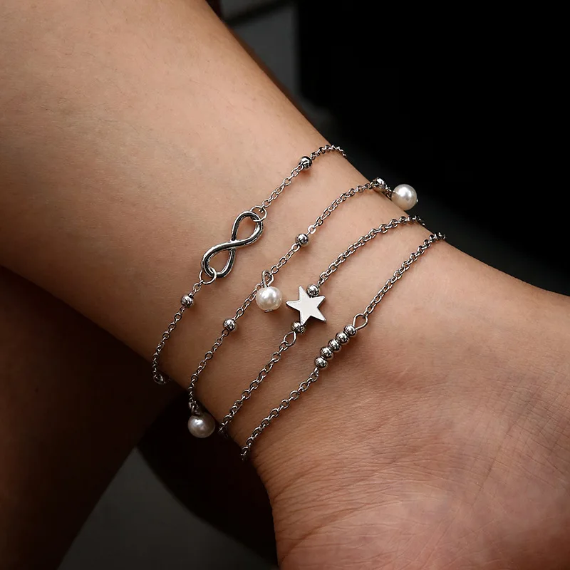 

New arrival anklet fashion pearl 8-character beaded anklet exquisite five-pointed star multi-layer anklet wholesale