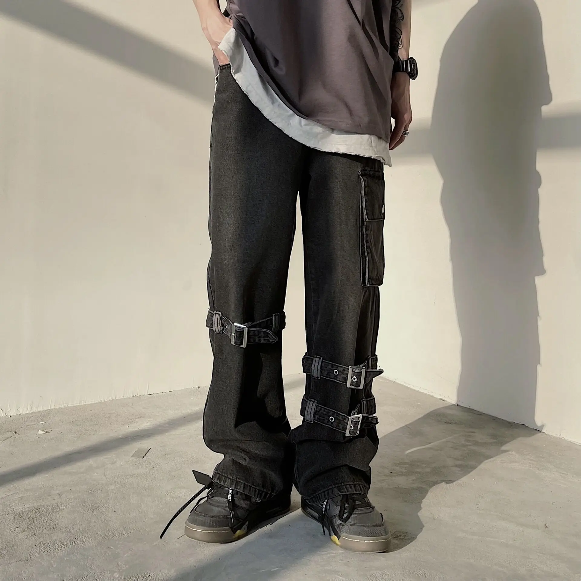 

Men's wide leg straight pants Big size Casual strap jeans