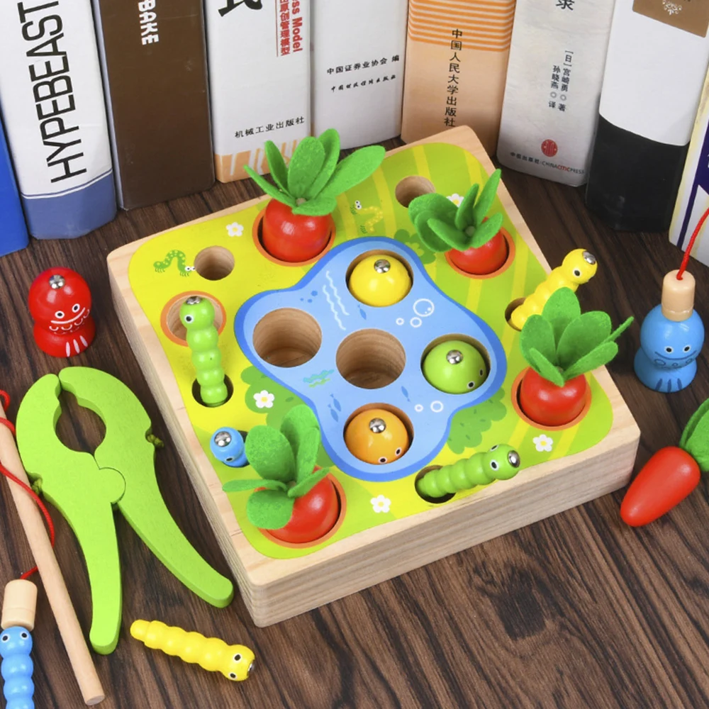 

Montessori Wooden Early Education Toys Three-in-one Pull Radish Fishing Bug Catching Interactive Games for Babies Puzzle Toys