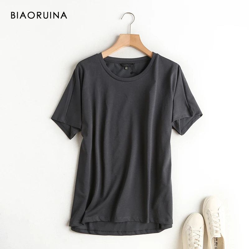 

BIAORUINA 4 Color Women's Solid Casual Cotton T-shirt Round Neck Female Short-sleeved All-match Everyday Summer Tees Tops