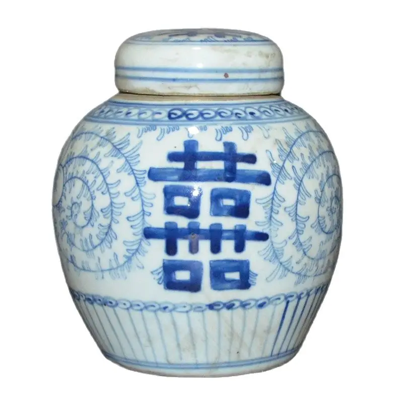 

Chinese Jingdezhen antique ceramic jar lid with blue and white "Xi" characters