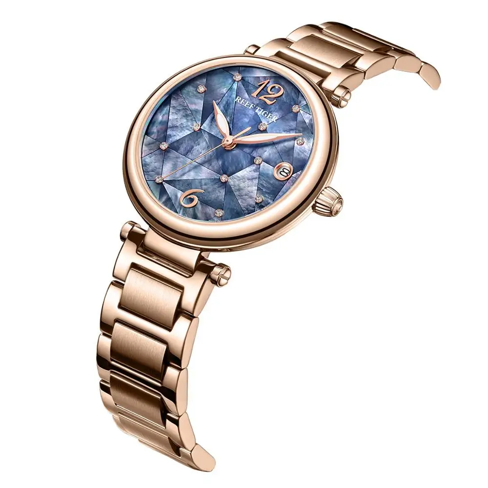 

Reef Tiger/RT New Design Luxury Stainless Steel Blue Dial Automatic Watches Women Rose Gold Steel Strip Watch RGA1584
