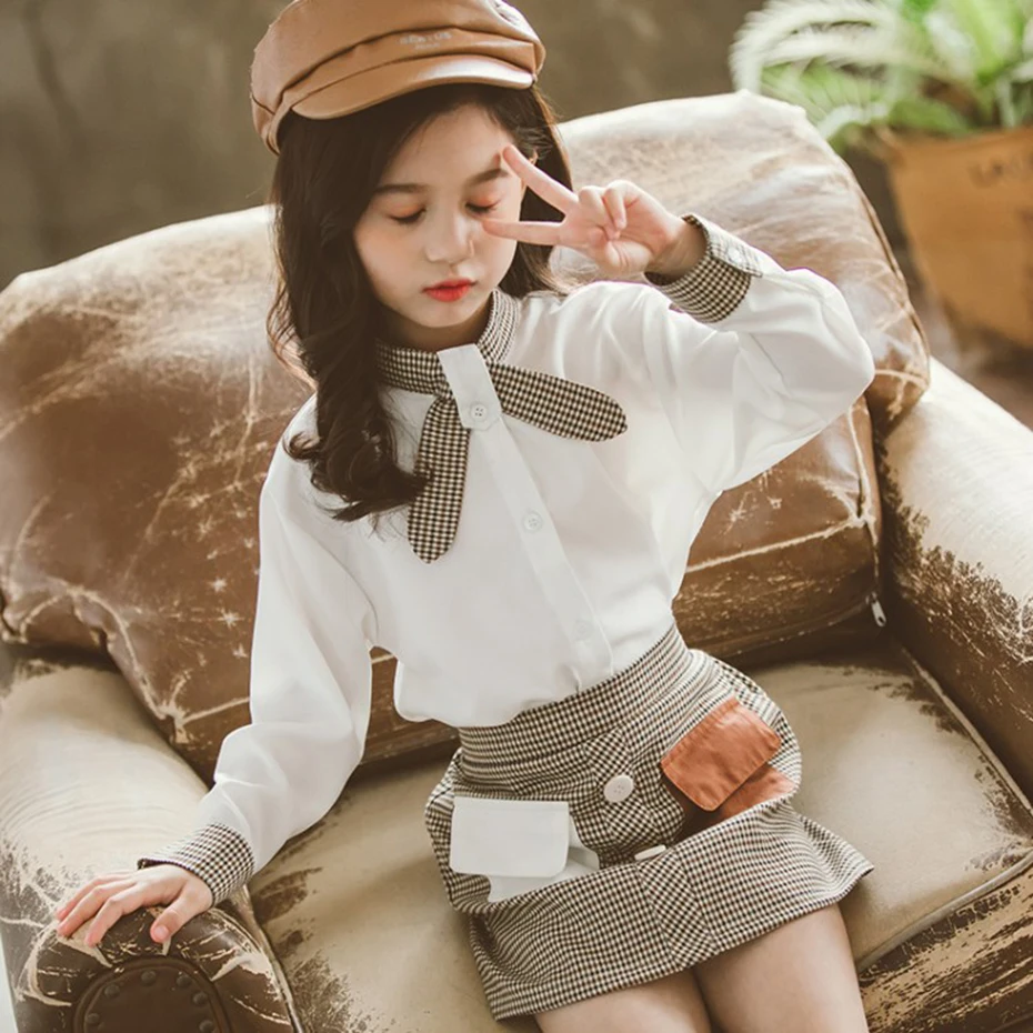 Одежда для девочек Лоскутные блузки и юбки костюмы клетчатая юбка строгие