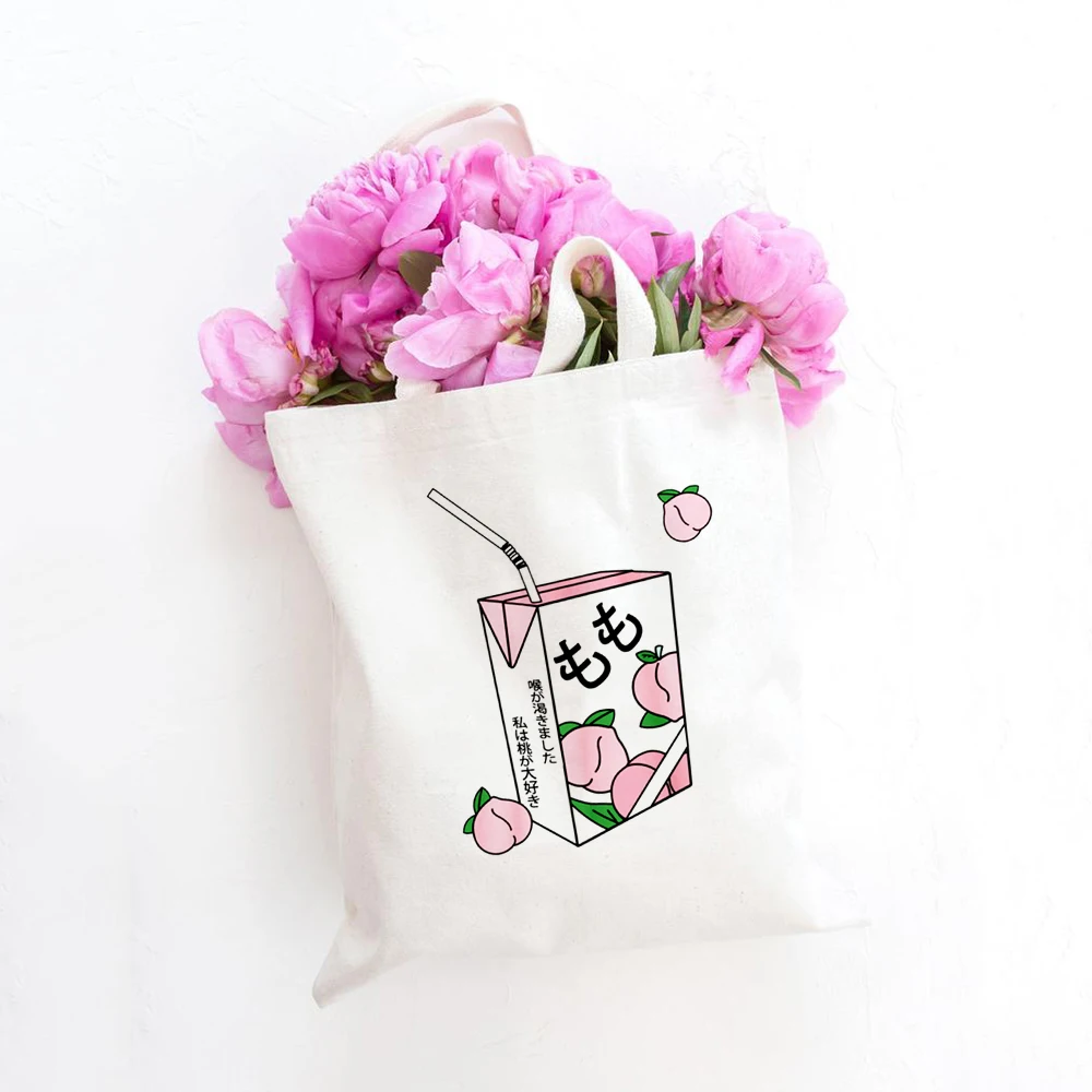 

Холщовая Сумка на плечо Harajuku Ulzzang с японским принтом «Персиковый Сок», винтажные забавные модные повседневные сумки, Студенческая сумка для...