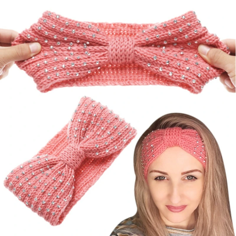 2021 New Winter Warmer Ear Knitted Headband Bow Rhinestone Headwear For Women Girls European Solid Turban Hair Band Head Warp |
