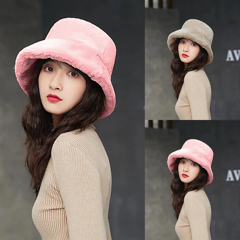 Faux Fur Winter Bucket Hat For Women Girl Fashion Solid Thickened Soft Warm Fishing Cap Outdoor Vacation Lady Panama | Аксессуары для