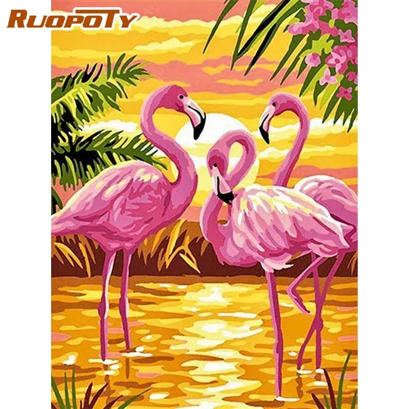 RUOPOTY живопись по номерам для взрослых розовый Фламинго животные краски