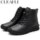 OUKAHUI 2021 осенние однотонные ботильоны из натуральной кожи для женщин на низком каблуке со шнуровкой и круглым носком Нескользящие женские зимние ботинки