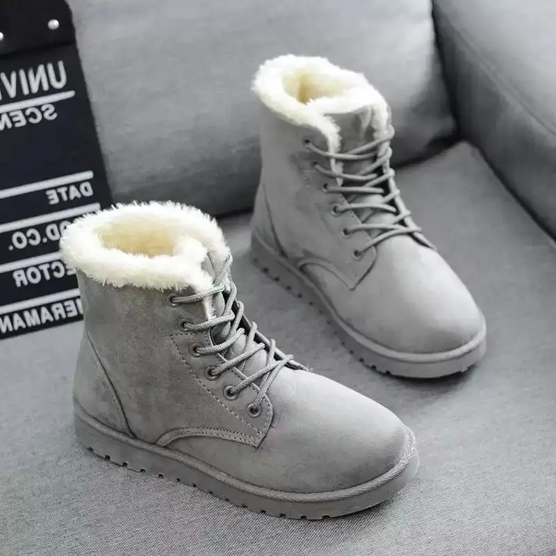 

2021 New Women Snow Boots Flat Lace Up Winter Plush Platform Ladies Warm Shoes Women's Suede Ankle flats Female Boots