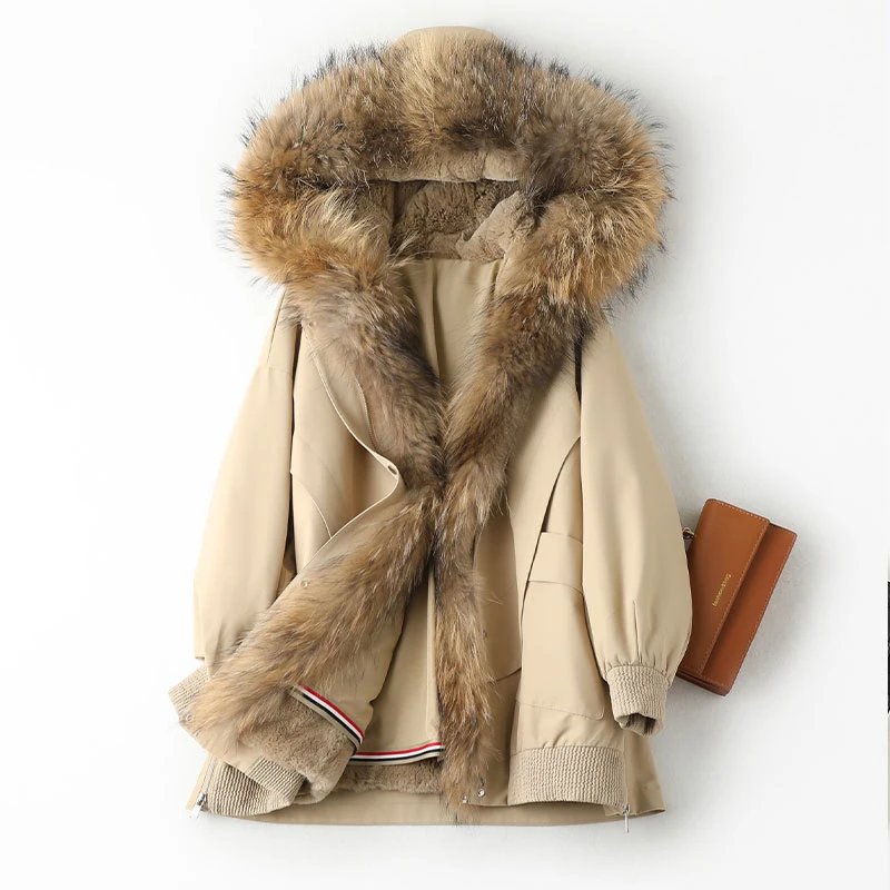 Пальто Pudi женское с натуральным лисьим мехом воротником из енота парка женская