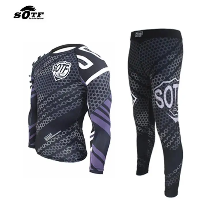 SUOTF Муай Тай ММА Fightwear Боксерский набор компрессионные Джерси Брюки Шестигранная печать Рашгард кикбоксинг плотная длинная футболка брюки - Цвет: Jersey and Pant
