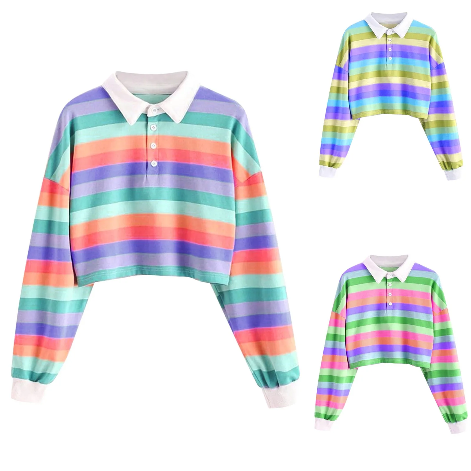 

Long Sleeve Shirt Womens Color Stripe Button Long Sleeve Pullover Hoodies Rainbow Cotton Blend Soft Sweatshirt #G