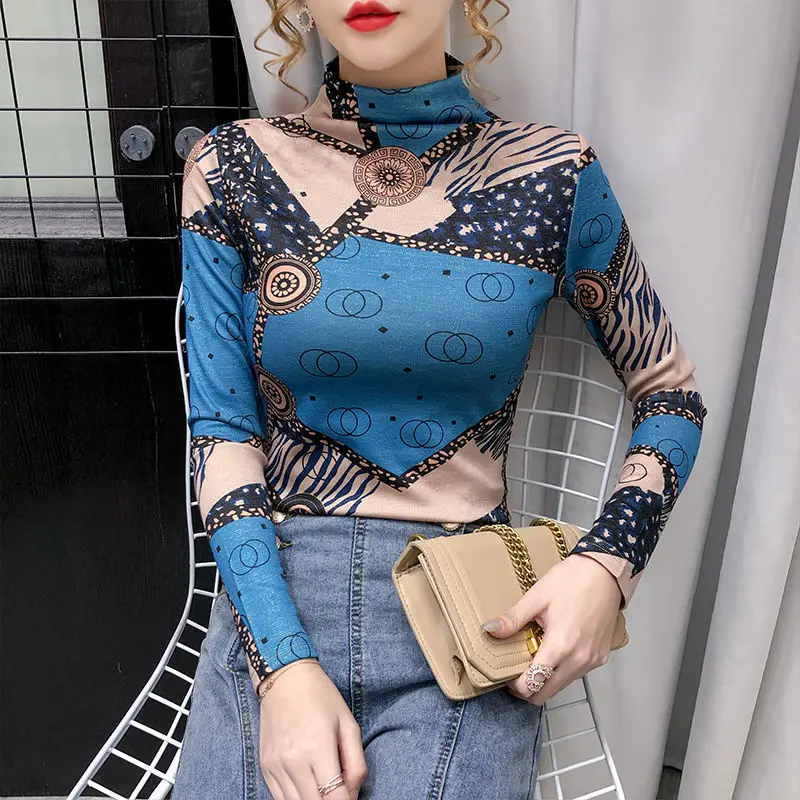 

Autumn and winter new fashion print half-high-necked t-shirt slim slim long-sleeved jacket