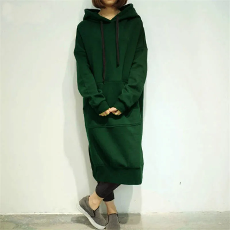 Женское флисовое платье-свитшот повседневное однотонное с капюшоном 6 цветов