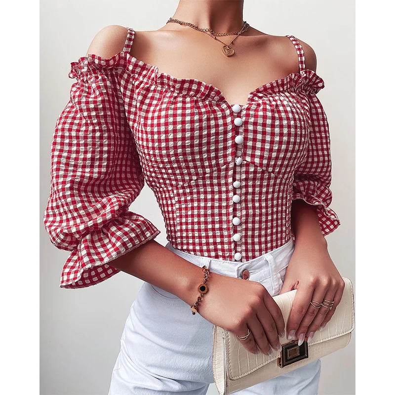 

Women Top Cold Shoulder Plaid Print Frill Hem Plaid Lotus Leaf Sleeves Backless Sling V-Neck Single-Breasted Top