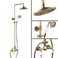 antique brass wall mounted bathroom rain shower faucet shower head set mixer tap dual ceramic handles levers man108