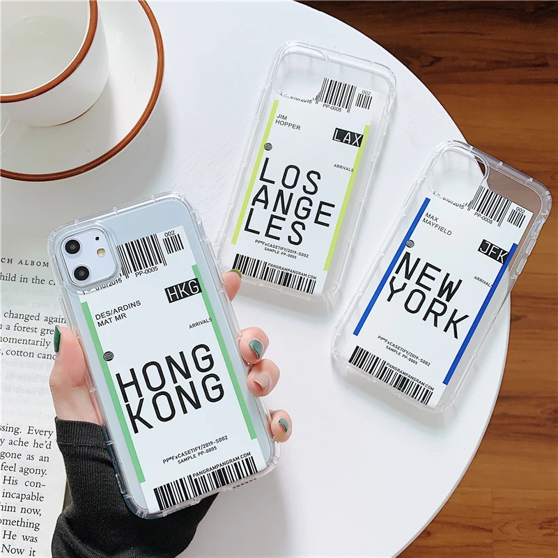 

Air ticket ins country New York Los Angeles case For iPhone 6 6s 7 8 Plus 11 Pro X XS Max XR Hong Kong Clear Soft Cover Capa