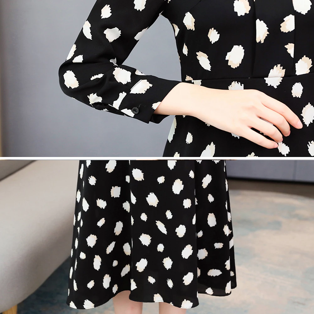 

Chiffon Dresses Long Sleeve Spring Wear Women Dresses Elastic Slim Waist Black Print Female Dress Elegant Party Wear Lady Dress