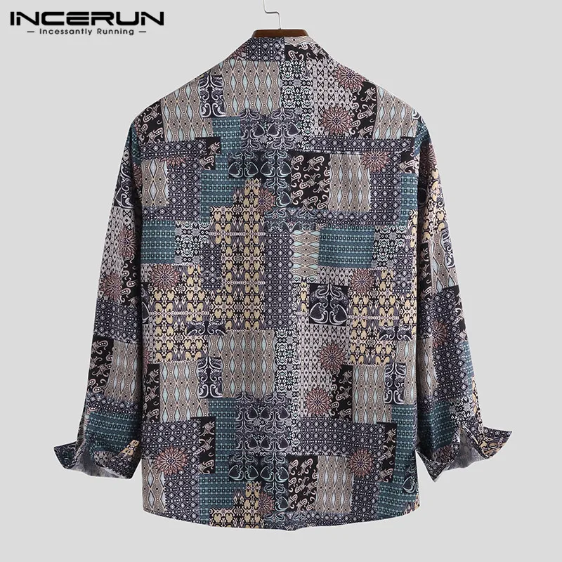 INCERUN Vintage Print Men Shirt Long Sleeve Ethnic Style Breathable Lapel Streetwear Camisa Beach Hawaiian Brand Shirts Men 2022