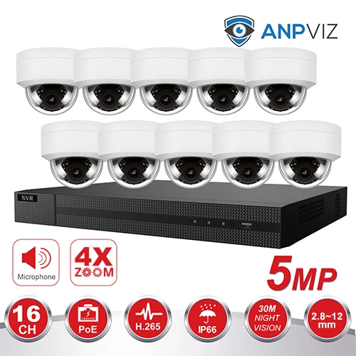 10 VF Dome KIT 16ch 5MP Dome IP Camera NVR KIT H.265 Hikvision OEM POE 4K NVR 8/16pcs Outdoor POE Video Surveillance Audio Cameras - Цвет: 10 VF Dome KIT