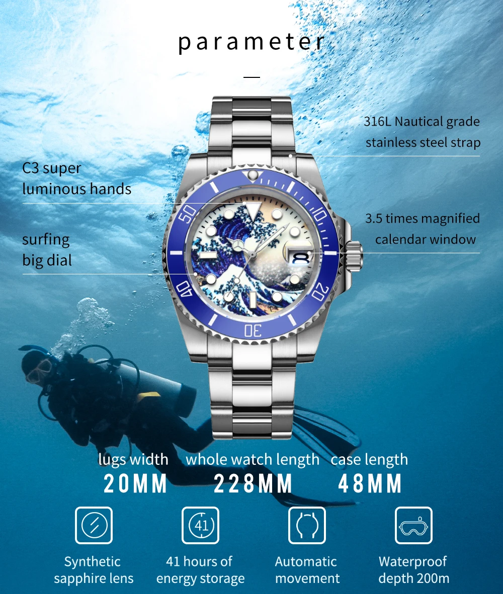 men's field watch Addies Dive NH35 Automatic Watch 200m Diver Mechanical Watch Luxury Sapphire Crystal Luminous Kanagawa surf watch Watches Men best sports watch for men