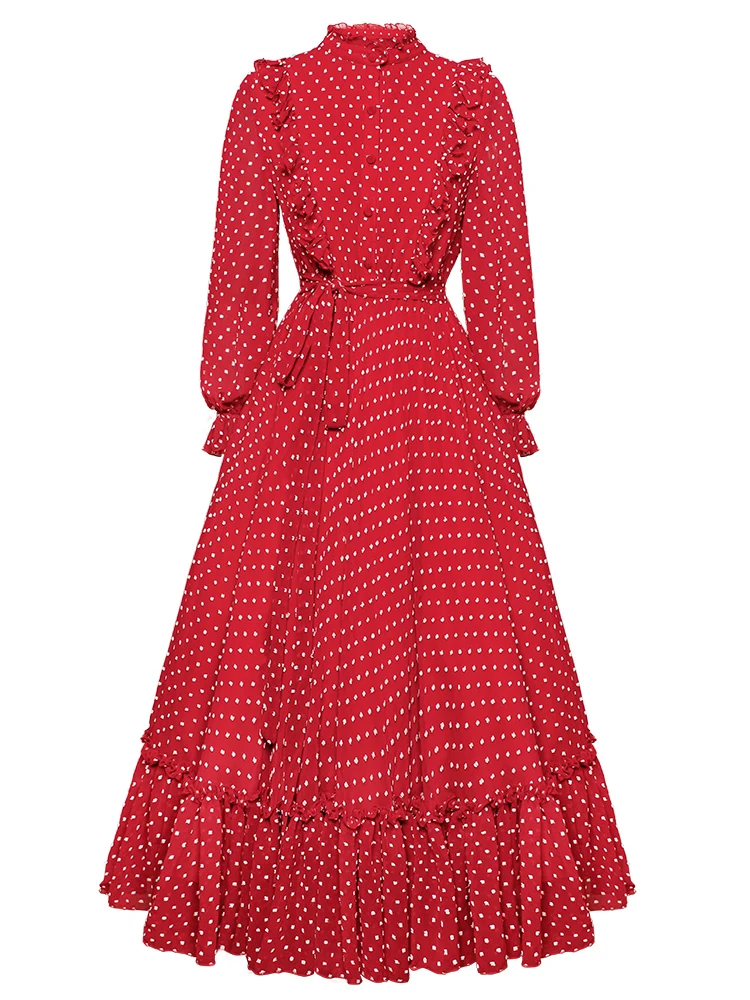TIYIHAILEY Free Shipping Boshow Women Long Maxi Lantern Sleeve Spring S-L Chiffon Big Hem Ruffles Red Dot Dresses Bandage | Женская