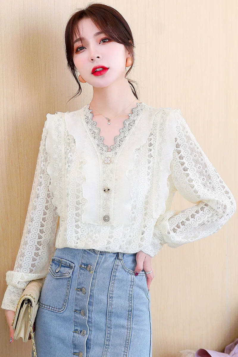 

Houthion New Long-sleeved Blouse Hollow Out Casual Fashion Tops Summer Plus Size Lace Dropshipping V-neck Shirt