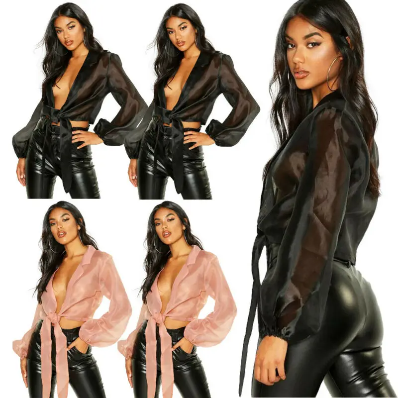 

2019 New Summer Elegant Pink Tunic Women Blouse Shirts Long Sleeve Chiffon Transparent Short Shirts Lace Up Women Shirts