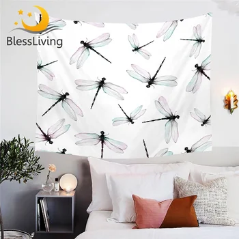 BlessLiving Dragonfly Wall Hanging Simple White Decorative Tapestry Light Green Pink Wings Wall Carpet Home tapisserie 150x200cm 1