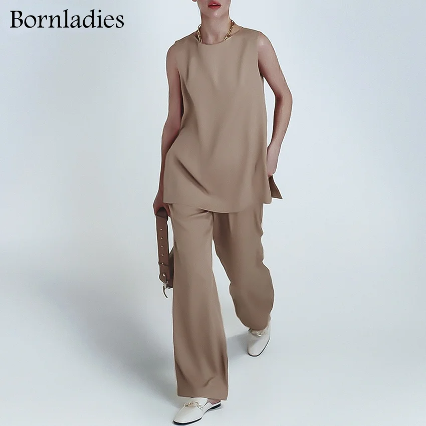 

Женский комплект из 2 предметов Bornladies, Винтажная Майка цвета хаки, прямые брюки с эластичной талией, базовый топ без рукавов, лето