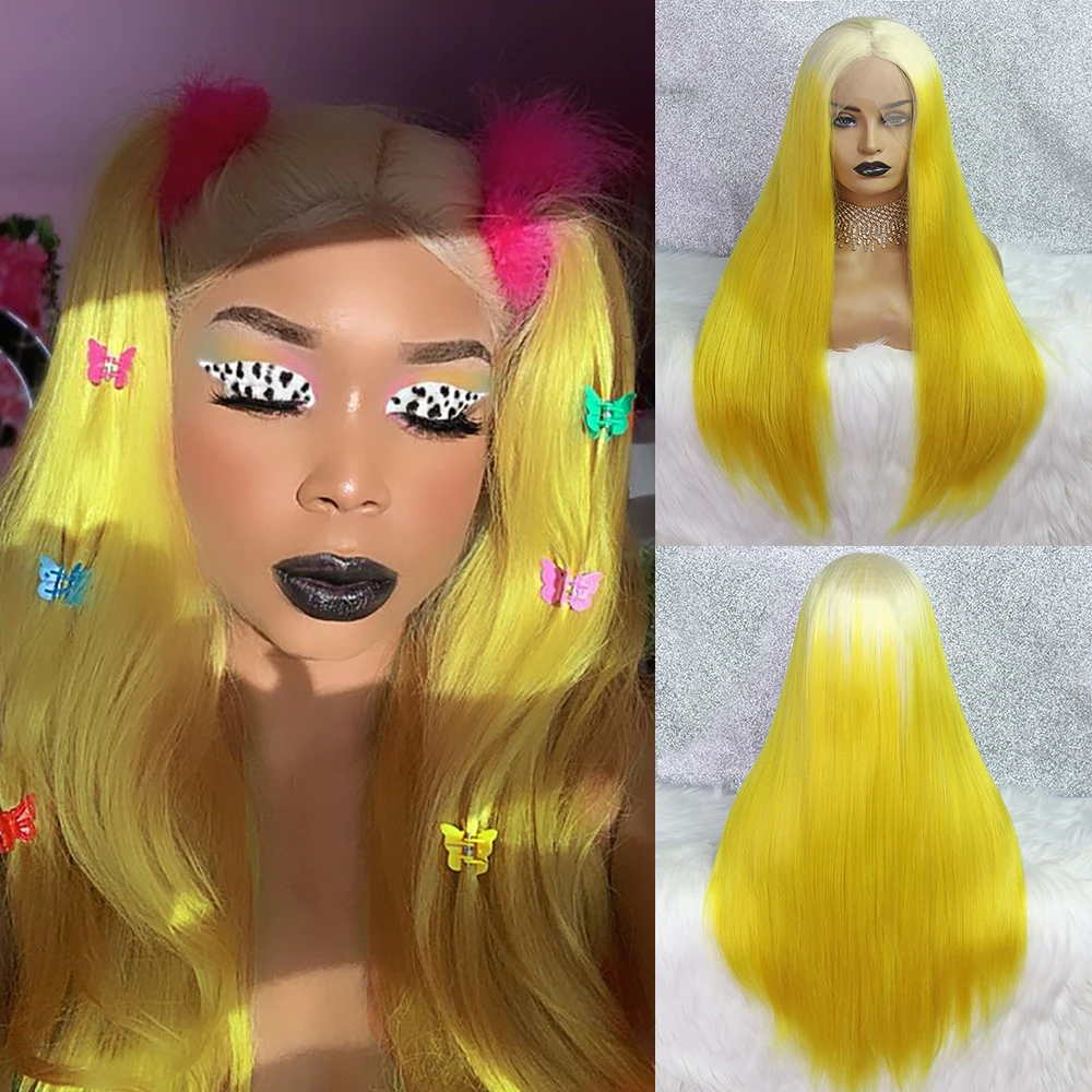 Long Straight Yellow Wig Synthetic Lace Front Wig With Blonde Roots High Temperature Fiber Party/Cosplay Wigs For Black Women