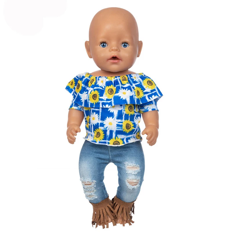 Набор из двух предметов: футболка с изображением подсолнуха и джинсы с кисточками для куклы новорожденного ребенка длиной 43 см (американская кукла Girl 18 дюймов) - аксессуары для одежды.