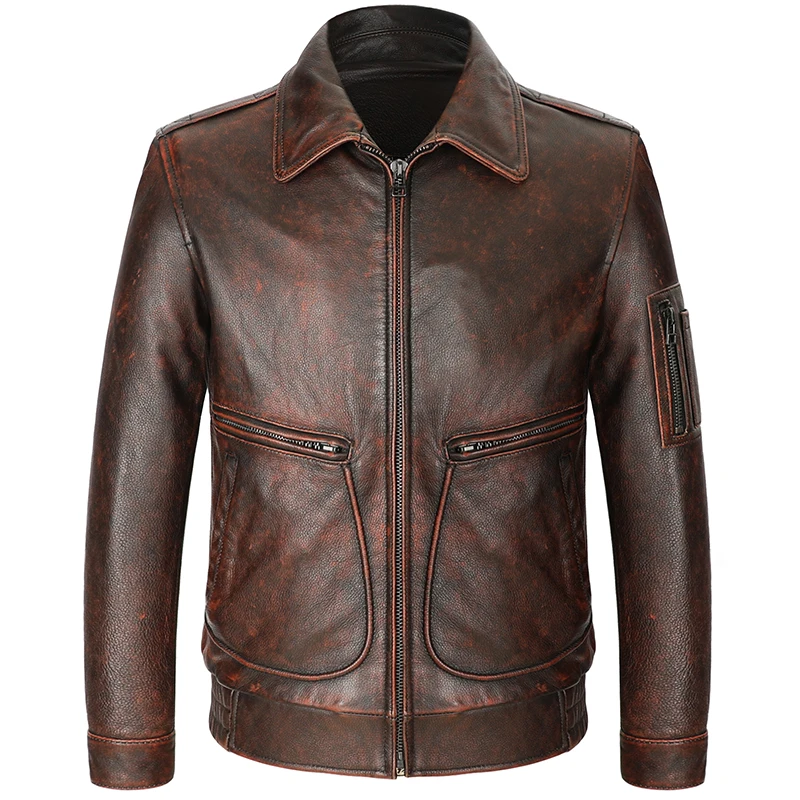 

Men's Cowhide Jacket Head Layer Cowhide Brown Distressed Flight Suit Lapel Men's Retro Air Force Leather Jacket