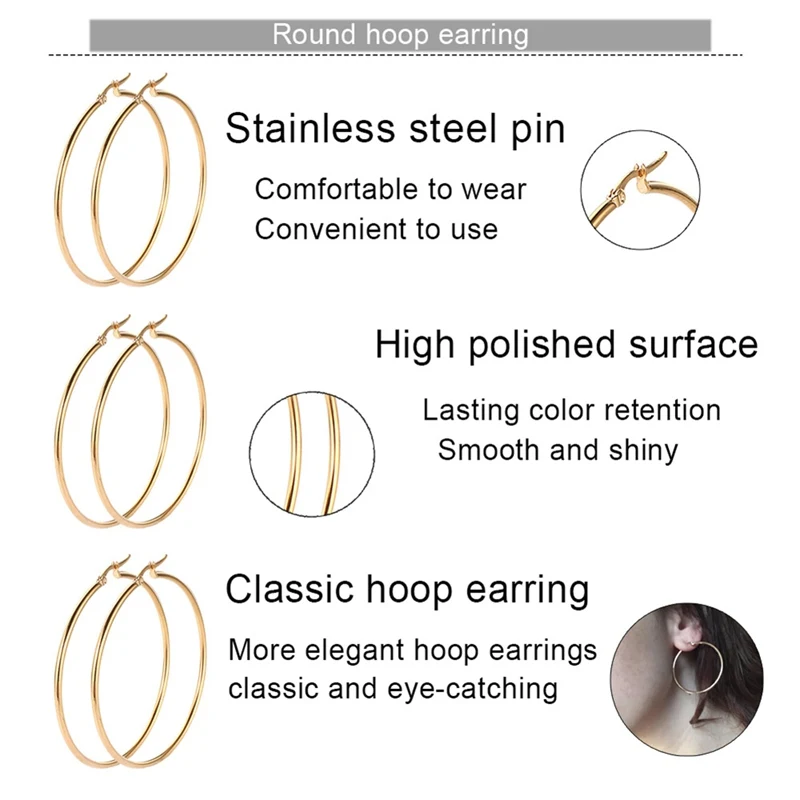 Женские большие круглые серьги обручи простые из титановой стали массивное