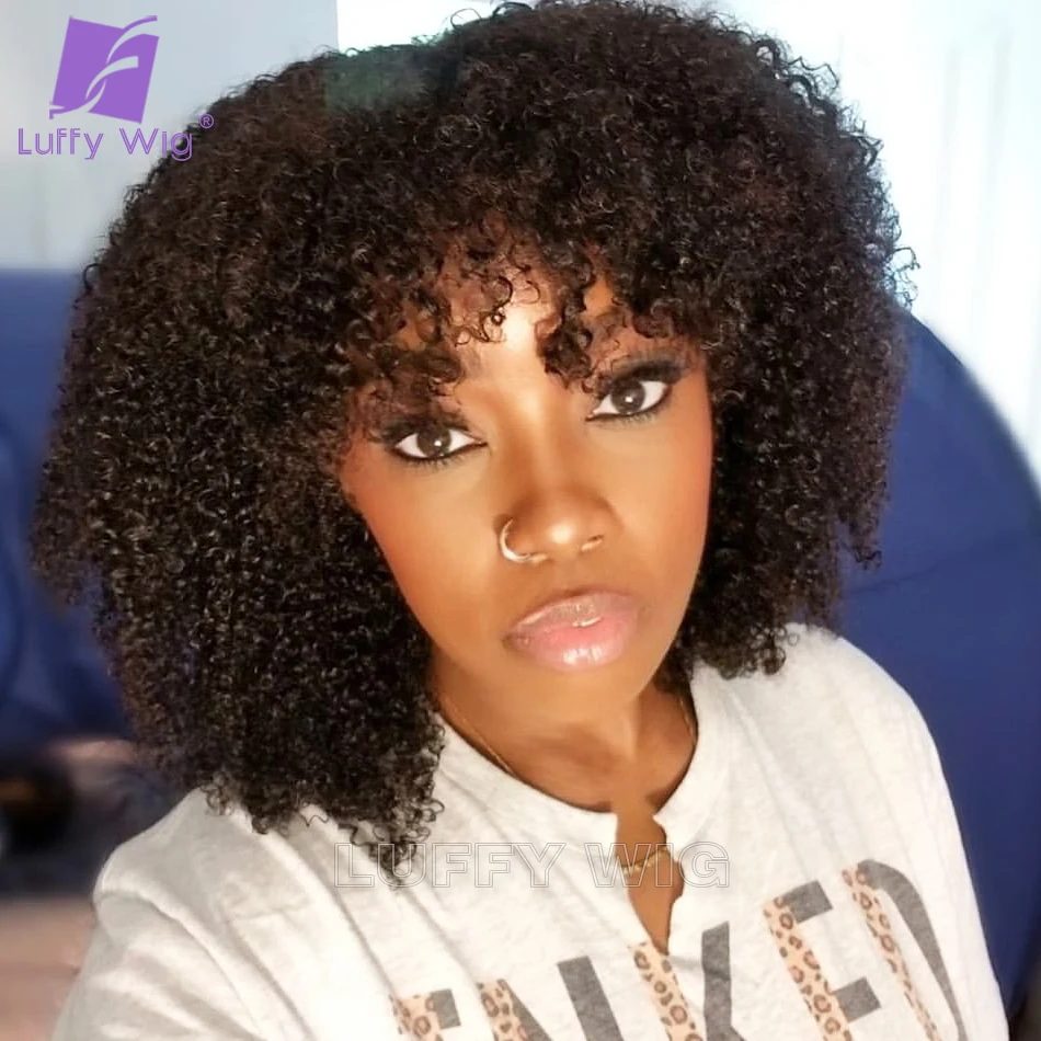 

Afro Kinky Curly Bob Wigs Short Scalp Top Wig With Bangs Full Machine Made Wig Glueless Remy Brazilian Human Hair Wigs Luffywig